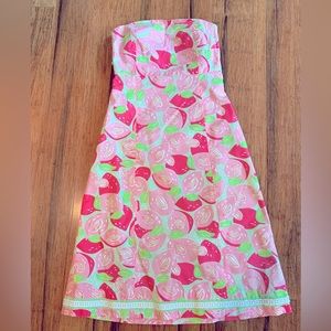 Lilly Pulitzer Strapless Peaches Tie Back Dress Green and Pink Cotton Size 2